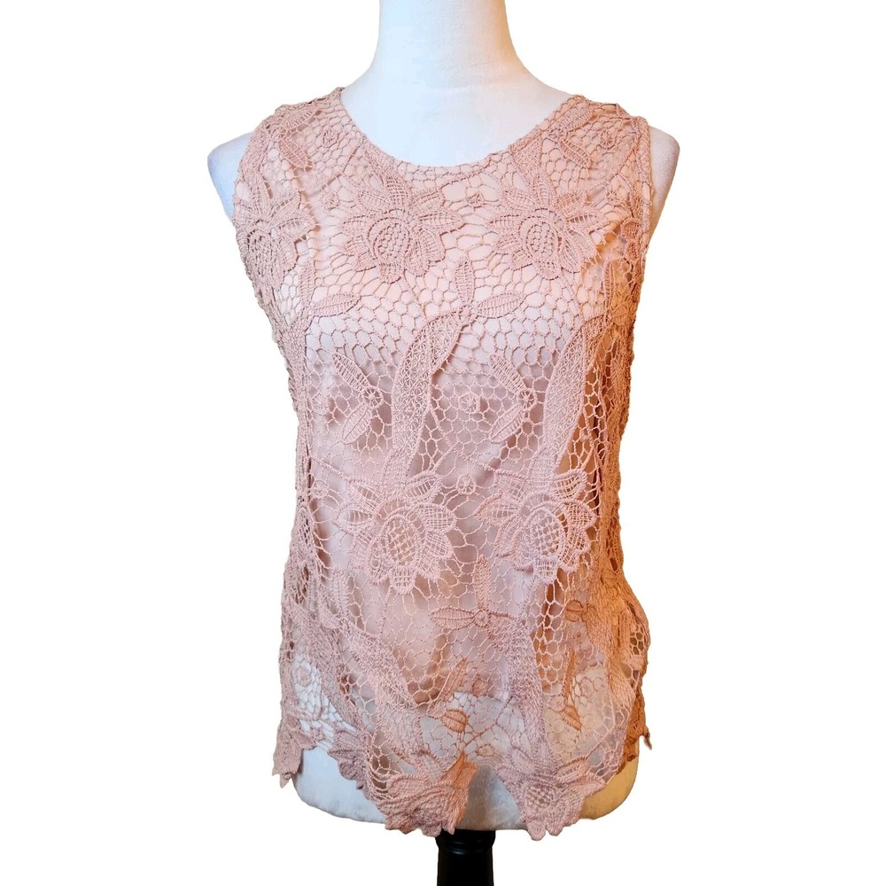 Sans Souci Pink Floral Sleeveless Split‎ Back Blouse Juniors XL Lace Overlay Top